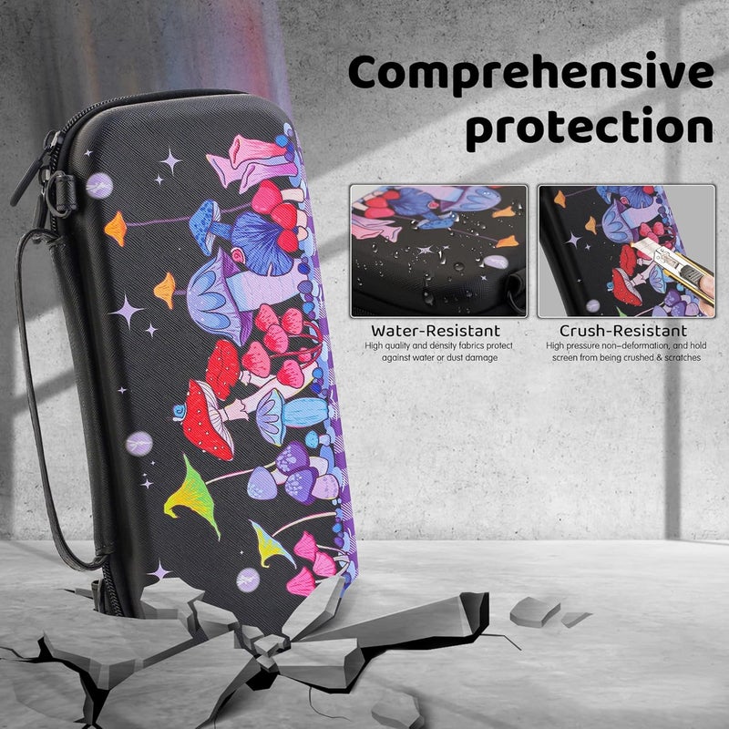 F'DIARY Carrying Travel Case for Nintendo Switch OLED with Mushroom Design, Black Shockproof Kit with Slim Portable Storage Bag, Dockable Cover Case, Screen Protector, Shoulder Strap and 2 Thumb Caps - Image 2